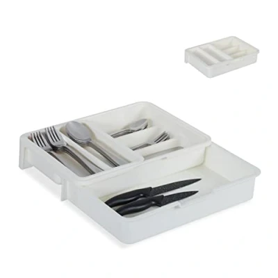 Image of Relaxdays Cutlery Tray, Extendable, 7 Compartments for Silverware &amp; Kitchen Utensils, HWD 6x23.5x31.5 cm, White, 10027748_49