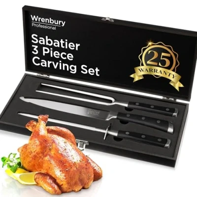 Image of Wrenbury Sabatier Carving Knife and Fork Set for Meat Sharpening Steel High Grade Stainless Professional 3 PCE Turkey Roast Wood Box
