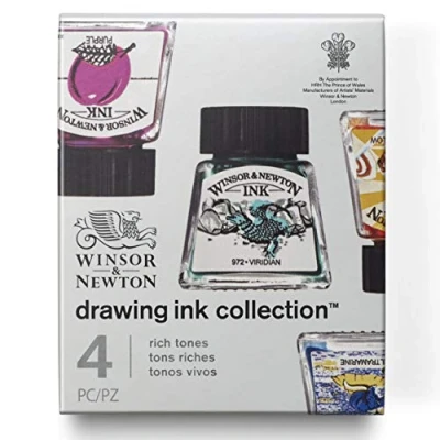 Image of winsor &amp; newton W&amp;N Drawing Ink Collection set of 4 (Rich Tones), Purple, Ultramarine, Sun Yellow, Viridian, zeichentusche