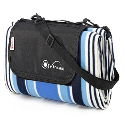 Image of Vinsani 170 x 130cm Folding Picnic Blanket Waterproof &amp; Sandproof Backing Ideal for Camping Outdoor Blue Stripe Rug Mat with Carry Handle