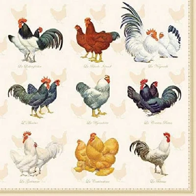 Image of 20 napkins, chicken species, table decoration, decoupage, napkin technology, 33 x cm