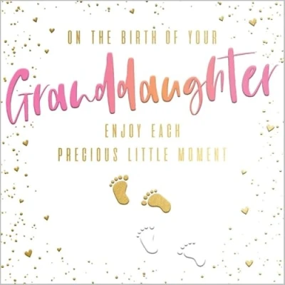 Image of Abacus Cards Artistic &#039;New Baby Congratulations&#039; Birth Of Your Granddaughter Footprints Embossed With A Gold Foil Finish From The Velvet Ink Range