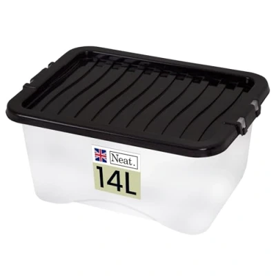Image of Neat. Plastics 14L Storage Box, Clear Base, Black Lid Organise Easily with Plastic Box Lid, Ideal Boxes for Storage, Durable Lids Pack of 1