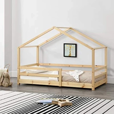 Image of [en.casa] Children&#039;s bed Knätten House Floor 90 x 200 cm wooden for children with fall out protection pine Wood frame slatted look