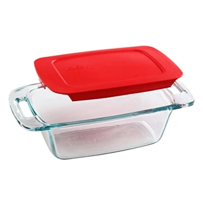 Image of Pyrex Easy Grab 1.5 Qt Glass Loaf Dish with Lid, Tempered Baking Pan Large Handles, Non Toxic, BPA Free Bread Pan, Dishwasher, Fridge, Freezer, Oven and Microwave Safe