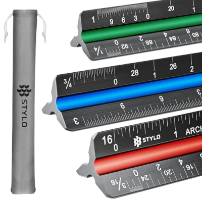 Image of Aluminum Architect Scale 30cm Laser Etched Triangle Drafting Ruler with Colour Coded Grooves for Blueprint, Architectural (Black, Imperial Units)