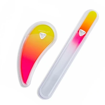 Image of Bona Fide Beauty Czech Glass Nail File Set, 2Pc Ergonomic Fingernail Set with Protective Sleeves (Sunset Color)