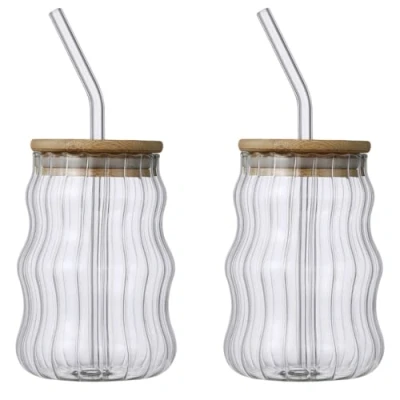 Image of Ribbed Glassware Drinking Glasses with Straws and Lids Wave Fluted 500ML Coffee Cups Tumbler Juice for Beverage 2Pcs