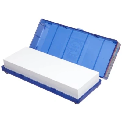 Image of Norton Saint Gobain Abrasives 89507 Japanese Type 4000 Grit Waterstone for Fast Sharpening and Ultra Fine Finishes, Silicon Carbide/Aluminum Oxide Abrasives, 8&quot;L x 3&quot;W 1&quot;H, Blue Plastic Hinged Box