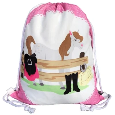 Image of HECKBO kids horse farm gym drawstring bag 40x32cm 12.6&quot; x 15.8&quot; string kindergarten daycare crèche school football children girl boy backpack, sports bag, fabric