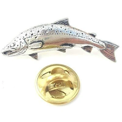 Image of Emblems gifts Salmon Fish Handcrafted from English Pewter in the UK Lapel Pin Badge + 59mm Button Gift Bag