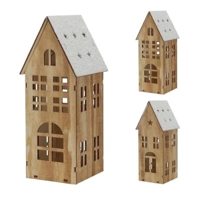 Image of LED Wooden Christmas House Light Up Ornament Village with Timer 25cm Design Varies One Supplied