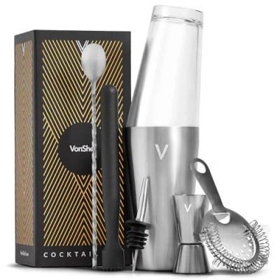 Image of VonShef Cocktail Shaker Set, Silver 6pc Set with Boston Shaker, Bartender Kit Strainer, Muddler, Jigger &amp; More, Gift Box Included