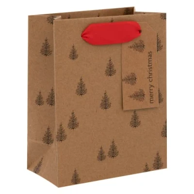 Image of Glick Luxury Gift Bag Small Winter Trees Kraft for Christmas Wrapping, &amp; Red Xmas