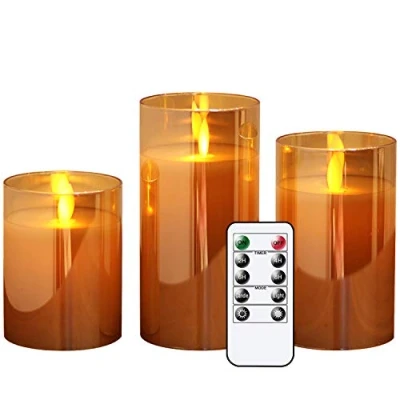 Image of Eldnacele Gold Glass Flameless Candles Flickering with Remote, Moving Wick Battery Operated Realistic Warm Light Candle, Set of 3 (D3&#039;&#039; x H4&#039;&#039;/5&#039;&#039;/6&#039;&#039;), for Party Wedding Festival Tabletop Decoration