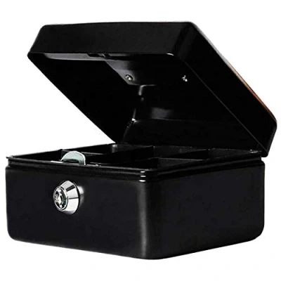 Image of Money Bank Cash Deposit Box Steel Tin Security Safe Petty Key Coin Tray Lockable Metal School Office Home Market Stall UK Free P&amp;P (Black, 6 INCH)