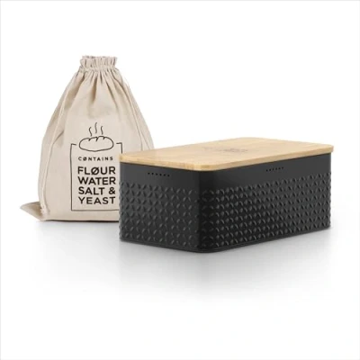 Image of LARS NYSØM Bread bin I Metal box with linen bag for long lasting freshness bamboo lid usable as cutting board 13.4x7.3x5.3In (Carbon Black)