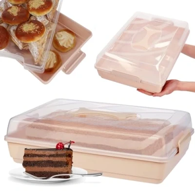 Image of KADAX Plastic Cake Carrier, Transparent Container with Airtight Lid, Rectangular Storage Box Handle and Locking Clips (44 x 30 cm, Pink)
