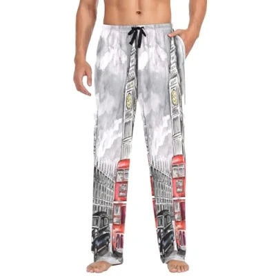 Image of Mens Pyjama Bottoms UK London Big Ben Vintage Pyjamas Loungewear 100% Cotton Trouser Nightwear PJs Pants for Men Boys