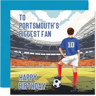 Image of Football Birthday Card for Portsmouth Fans Biggest Fan Fun Happy Son Dad Brother Uncle Colleague Friend Cousin, 145mm Footy Footie Bday Greeting Cards