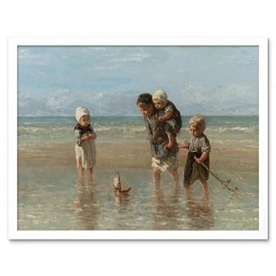 Image of Artery8 Jozef Israels Children Of The Sea Bathing Painting Art Print Framed Poster Wall Decor 12x16 inch