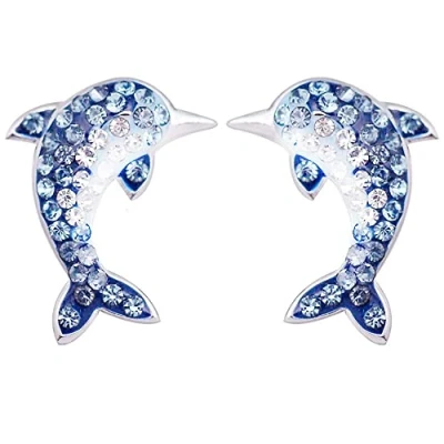 Image of kaguyo Silver earrings For women, girl earrings, studs, 925 Sterling blue Zircons pave dolphin stud Women Girls birthday Jewellery Gift box