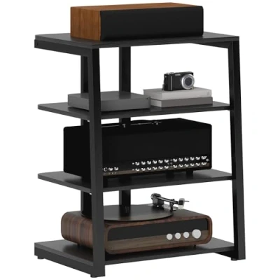 Image of HOMCOM HiFi Stand, 4 Tier Media Storage Shelf with Adjustable Shelves, Power Strip Rack for Router, Record Player, Printer, Industrial TV Stand up to 28 Inch TVs, Black
