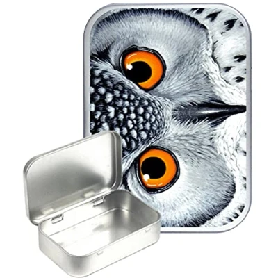 Image of TEEZ Owl Eyes Silver Hinged Tin,Small 30ml tin, Pill Pocket Gift Box, 1oz Tobacco tin