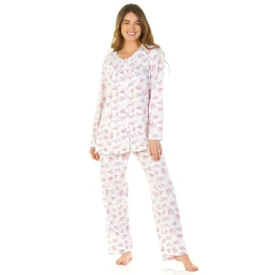 Image of La Marquise Women&#039;s Elizabeth Floral Cloudknit Long Sleeve Button Through Pyjama Set (L/XL UK 18 20 EU 46 48, Pink Floral)