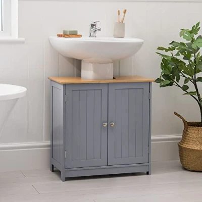 Image of CHRISTOW Under Sink Bathroom Cabinet, Free Standing Wooden Storage Unit, Grey &amp; Bamboo Furniture, Basin Cupboard With Shelf