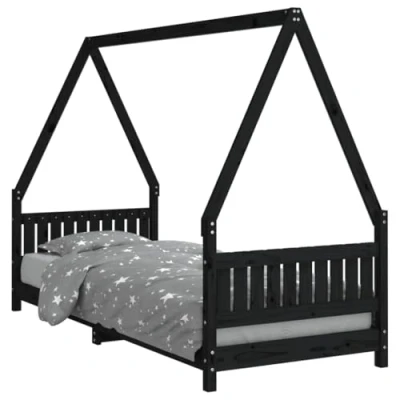 Image of vidaXL Black Kids Bed Frame in Solid Wood Pine Scandinavian Style, House Design, Standard Size 80x200 cm