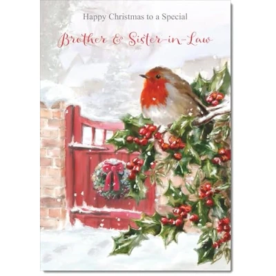 Image of doodlecards Brother and Sister in Law Christmas Card Robin on Holly Tree Large A4 Size for &amp; with Plain Envelope