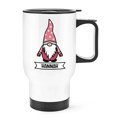 Image of Personalised Gonk Gnome Pink Scandi Travel Mug Cup with Handle