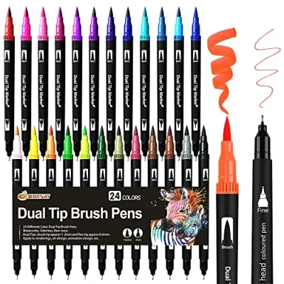 Image of Dual Tip Brush Pens: Felt Pens Set 24 Colors Colouring Art Markers for Kids Adults Book, Supplies Fineliner Marker Drawing Sketching Design Calligraphy Painting
