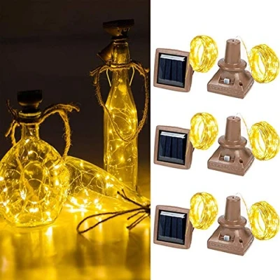 Image of Toifucos Solar Wine Bottle Lights, 6 Pack 20 LED Waterproof Copper Cork Shaped Lights Firefly String for DIY Wedding Party Outdoor, Holiday, Garden, Patio Pathway Decor, Warm White