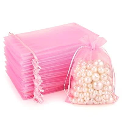 Image of G2PLUS Pink Organza Gift Pouches, 10x15 CM Medium Favour Bags, 100 PCS Wedding Jewelry Clear Mesh Pouches Perfect for Wedding, Christmas, Birthday, Anniversary