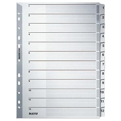 Image of Leitz Index for A4, Cover Sheet and 12 dividers, tabs with Numbers Print 1 12, Perforated Edge Colourful Film Reinforced (Mylar), Grey, Cardboard, 43250000