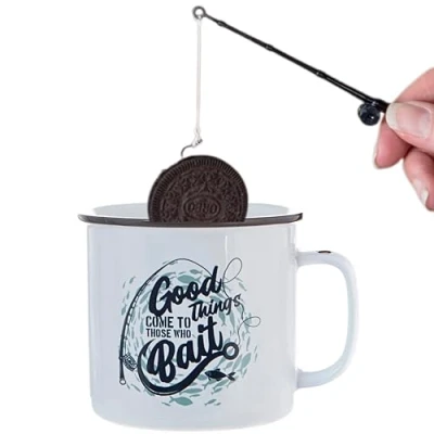 Image of Boxer Gifts &#039;Good Things Come to Those Who Bait&#039; Mug Funny Fishing for Men On Birthday Or Christmas Comes with a Joke Rod Dunking Biscuits, White