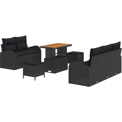 Image of vidaXL 8 Piece Garden Sofa Set with Cushions Black Poly Rattan Acacia