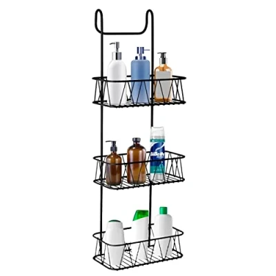 Image of HOMION Hanging Caddy Over Shower door Screen Bathroom Organiser Rack Storage for No Rust Self Draining Design (3 Tier Black)
