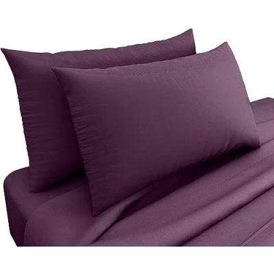 Image of Deep Fitted Sheet 25cm Plain Dyed Non Iron Polycotton Bed Mattress Cover Elasticated Pocket (Pair of Pillow Cases Only, Plum)