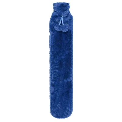 Image of Extra Long Slim Hot Water Bottle Faux Fur Cover Thermotherapy Pain Relief 72cm Classic Blue