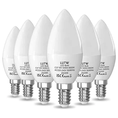 Image of LUTW E14 LED Light Bulb Cool White, 40W SES Equivalent Candle Bulb, 5W 545lm 6500K 160Beam Angle C37 Screw Bulbs, Non dimmable, Pack of 6