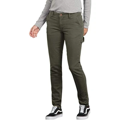 Image of Dickies, Women&#039;s, DUCK CARPENTER PANT SLIM STRAIGHT, RNSD MOSSGRN, 29