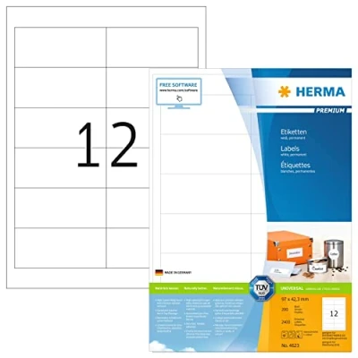 Image of HERMA Self Adhesive Multipurpose Labels, 12 Labels per A4 Sheet, 200 Sheets, 97 x 42.3 mm, 2400 Blank Universal Stickers, Sticky for Laser &amp; Inkjet Printer, White