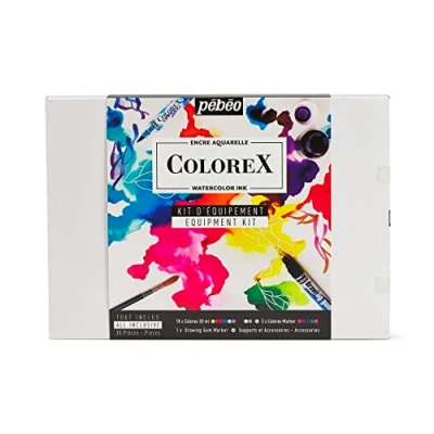 Image of Pebeo Set Drawing &amp; Illustration Kit Watercolour Ink 10 Colours 20 ml, 4 Colorex Marker and 18 Accessories, Détails en Description, Non Applicable