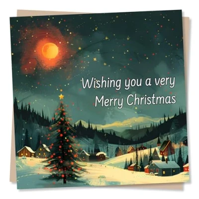 Image of Beautiful Merry Christmas Card Tree And Snow Covered Village Scene Wishing You A Very