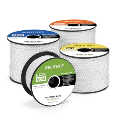 Image of Brotree Polyester Rope 3mm x 50m White Diamond Braided Utility Low Stretch 100KG Breaking Load