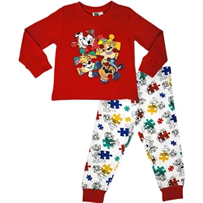 Image of Paw Patrol Chase, Marshall, Rubble &amp; Skye Jigsaw Long Sleeved Pyjamas 3 4yrs Red