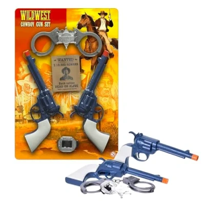 Image of Wild West Cowboy Sheriff Twin Gun Dress Up Set Complete with Holster Belt Two Toy Guns, Bullets and Badge, Kids Pretend Role Play Fancy Playset (6 Piece Set)